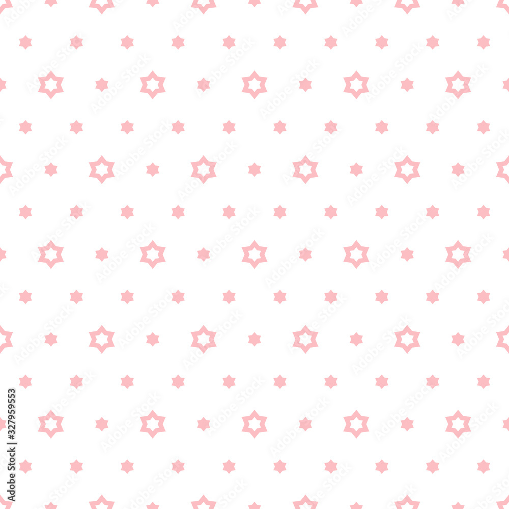 Cute geometric seamless pattern. Subtle vector minimalist texture with small stars, floral shapes. Abstract background in pastel colors, pink and white. Simple repeat design for decoration, wallpapers