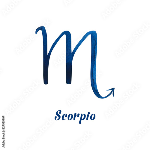 Watercolor Scorpio sign. Hand drawn illustration is isolated on white. Painted zodiac sign is perfect for astrologer, astrological forecast, horoscope background, tattoo design