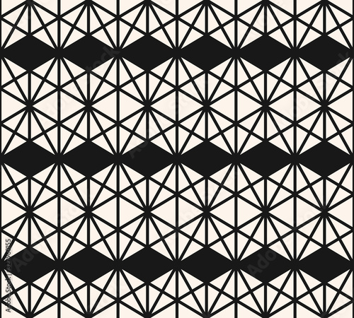Triangles pattern. Abstract geometric seamless texture. Vector black and white graphic background. Simple ornament with triangles, diamond shapes, grid, hexagon net, mesh, lattice. Monochrome design