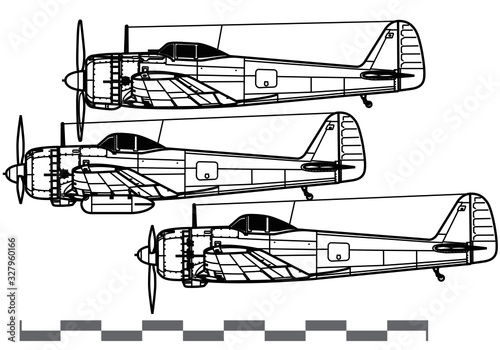 Nakajima Ki-43 Hayabusa Oscar. World War 2 combat aircraft. Side view. Image for illustration.