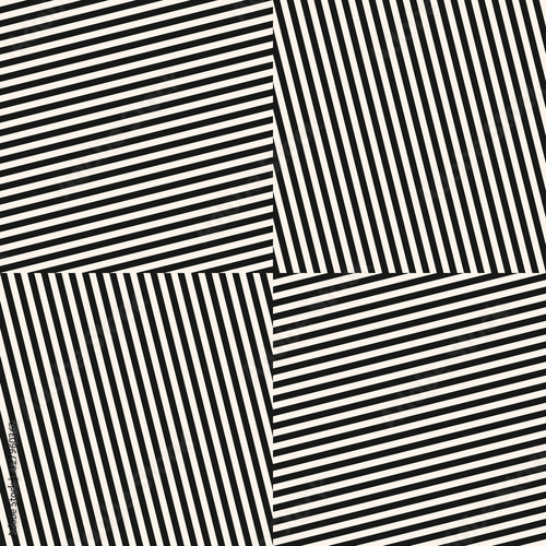Vector monochrome geometric seamless pattern with diagonal stripes, lines, square tiles. Black and white minimal striped texture. Creative psychedelic design. Retro 80-90's style repeat background