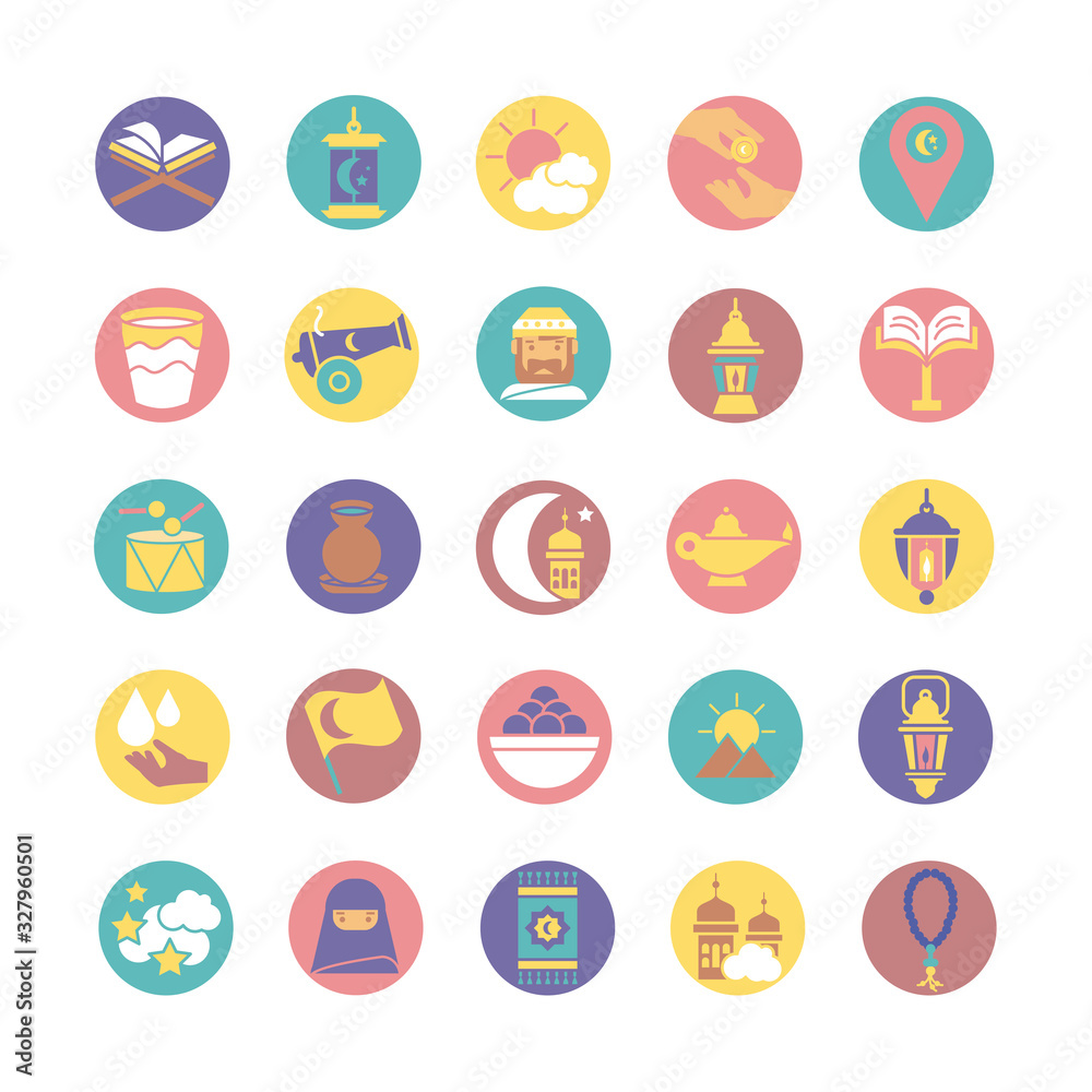 koran and ramada icon set, block style koran and ramada icon set, block style