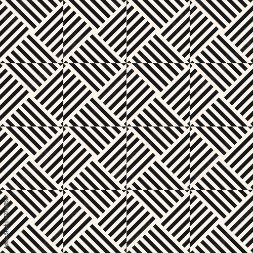 Modern monochrome linear geometric seamless pattern. Optical art ornament. Simple abstract geo texture with diagonal lines, squares, triangles, repeat tiles. Stylish black and white background