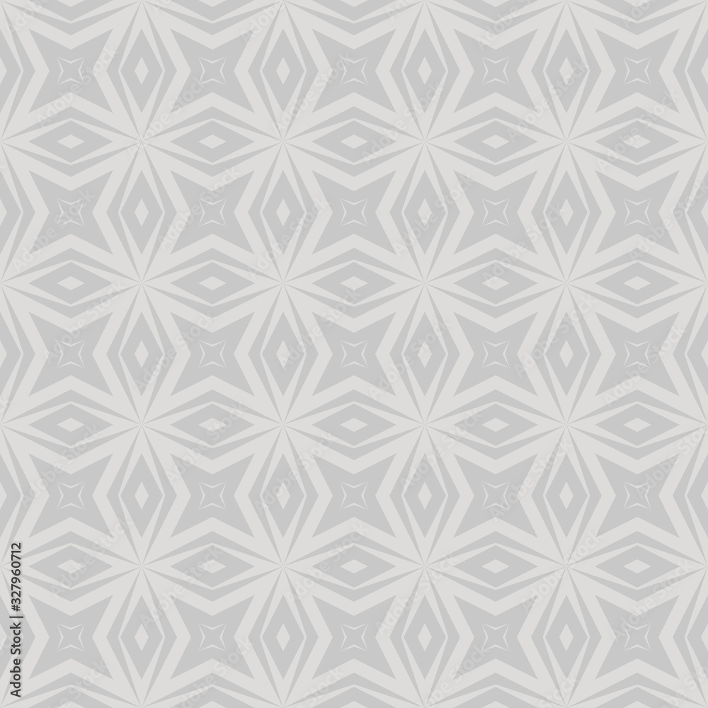 Vector abstract geometric seamless pattern. Subtle light gray ornamental texture with diamonds, floral shapes, rhombuses, grid, mesh, net, lattice. Simple ornament background. Repeat monochrome design