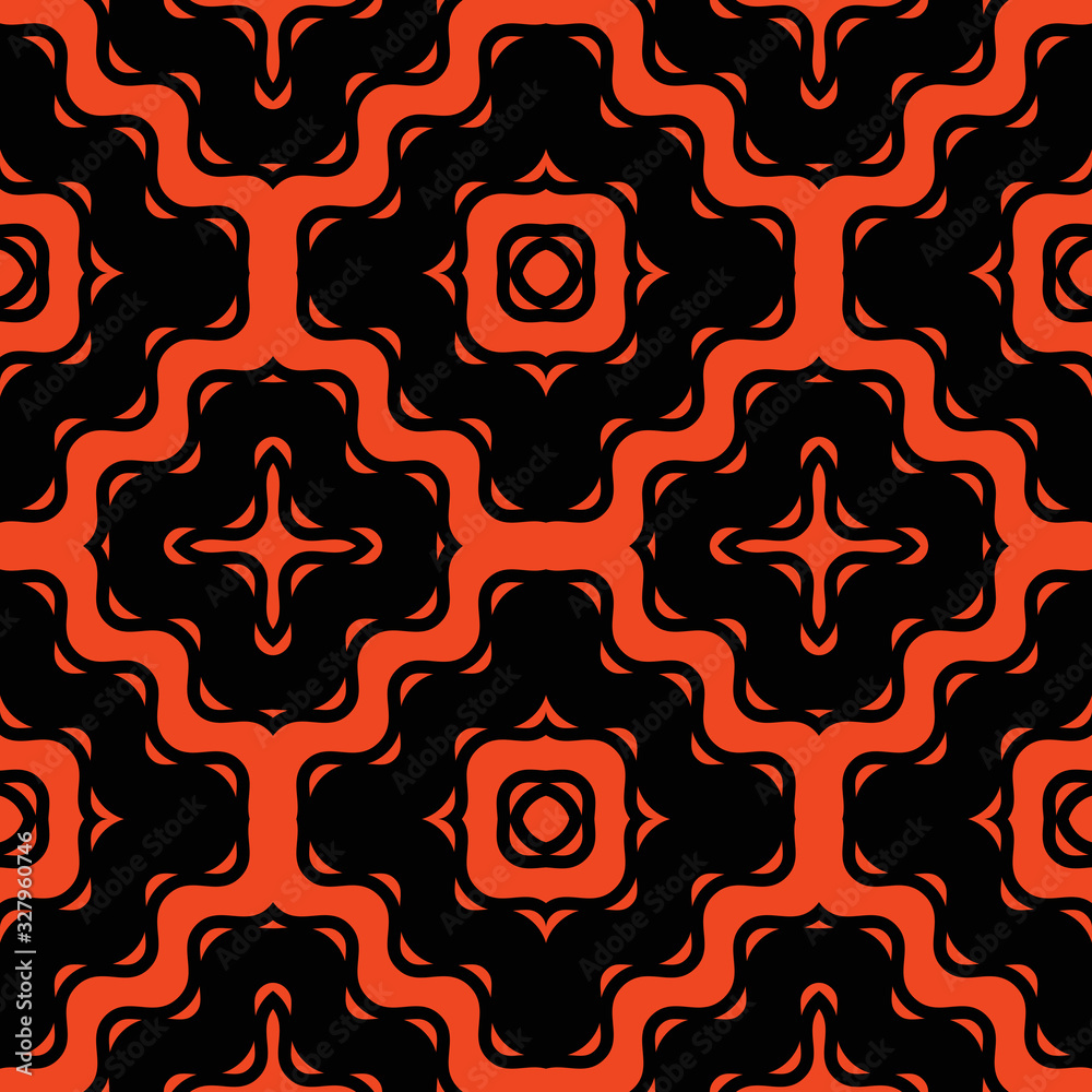 Vector geometric seamless pattern with wavy shapes, lines, stripes, crosses, grid. Simple texture in trendy vibrant colors, neon orange and black. Abstract geo background. Stylish modern repeat design Vector geometric seamless pattern with wavy shapes, lines, stripes, crosses, grid. Simple texture in trendy vibrant colors, neon orange and black. Abstract geo background. Stylish modern repeat design