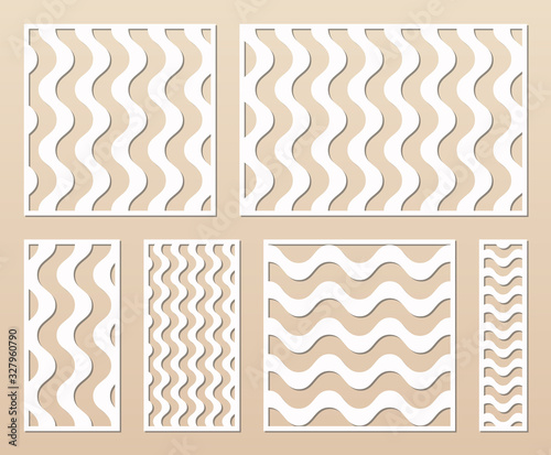 Laser cut template collection. Vector stencil with abstract geometric pattern, wavy lines, stripes. Swatch for laser cutting, wooden panel, metal, engraving, carving. Aspect ratio 1:1, 1:2, 3:2, 1:4