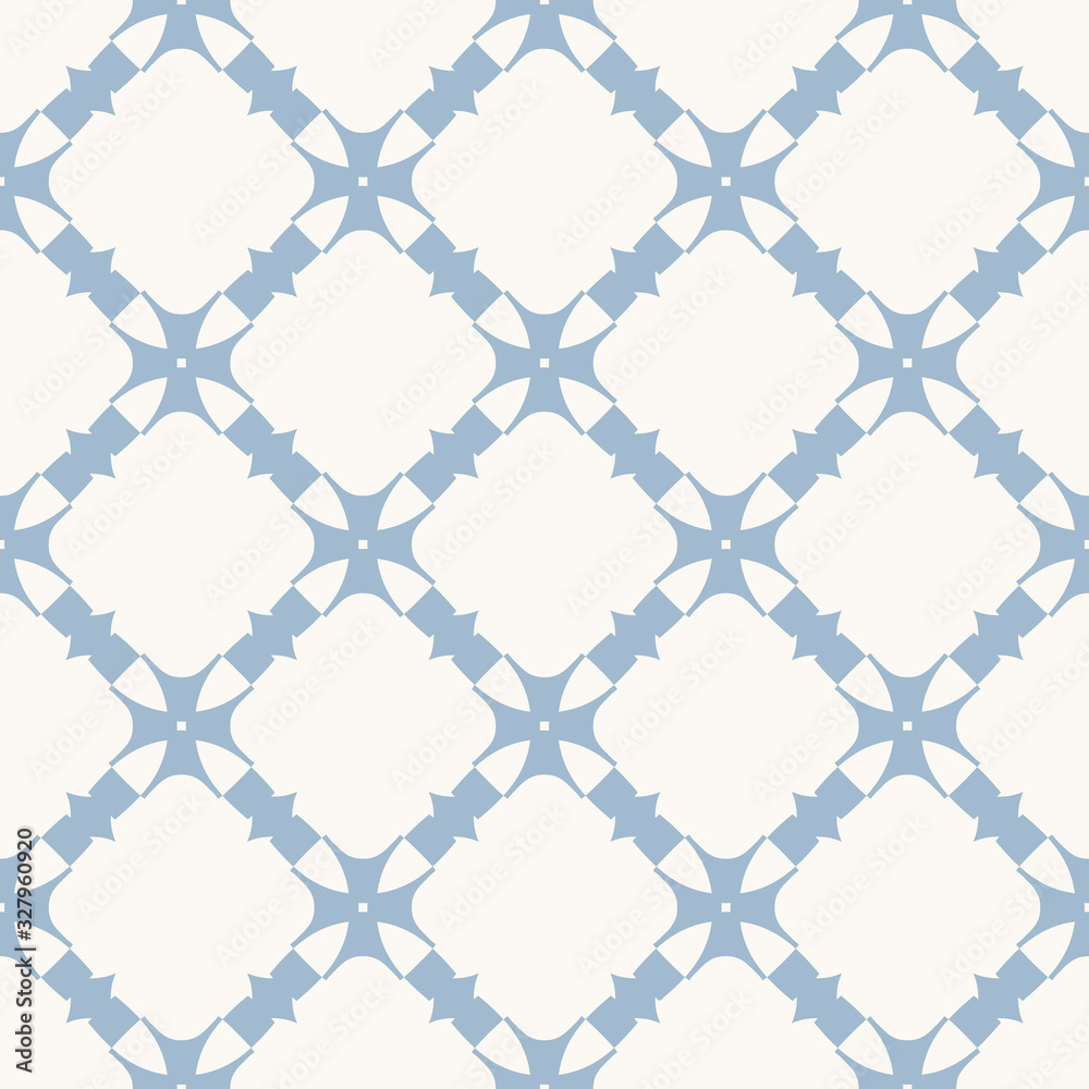 Blue geometric vector seamless pattern with floral shapes, carved grid, lattice, crosses, repeat tiles. Simple texture in pastel colors, soft blue and white. Abstract vintage background. Retro design Blue geometric vector seamless pattern with floral shapes, carved grid, lattice, crosses, repeat tiles. Simple texture in pastel colors, soft blue and white. Abstract vintage background. Retro design