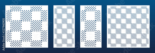 Laser cut panels collection. Vector template with abstract geometric pattern, lines, checkered grid. Decorative stencil for laser cutting of wood, metal, engraving, fretwork. Aspect ratio 1:2, 1:1