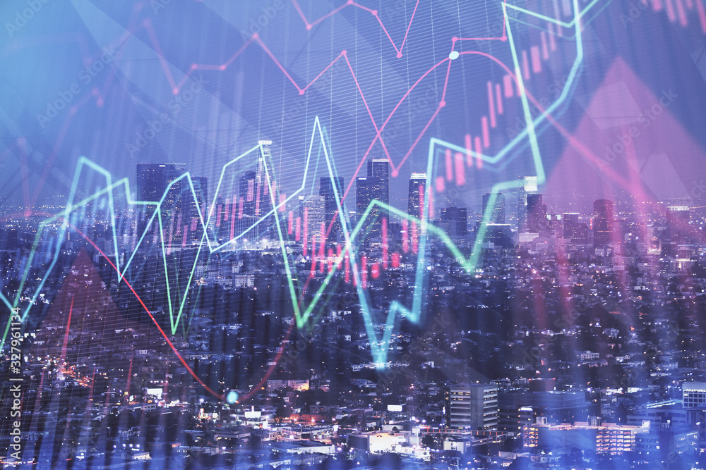 Financial graph on night city scape with tall buildings background double exposure. Analysis concept. Financial graph on night city scape with tall buildings background double exposure. Analysis concept.