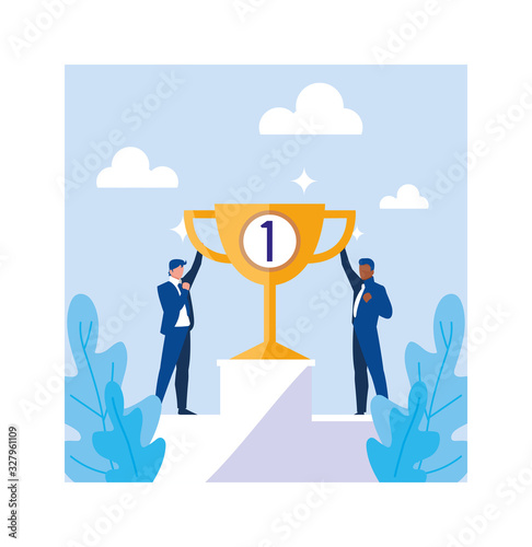 businessmen with gold trophy, successful business team