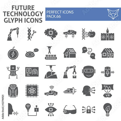 Future technology glyph icon set, innovation symbols collection, vector sketches, logo illustrations, technologies icons, robotization signs solid pictograms package isolated on white background,