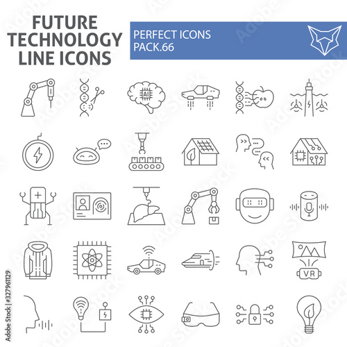 Future technology thin line icon set, innovation symbols collection, vector sketches, logo illustrations, technologies icons, robotization signs linear pictograms package isolated on white background,