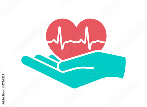 Heart in hand. Giving heart logo template for transplant ,organ, donation, charity, health, voluntary, nonprofit organization, isolated on white background, vector