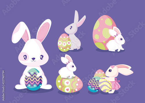 Happy easter rabbits with eggs vector design