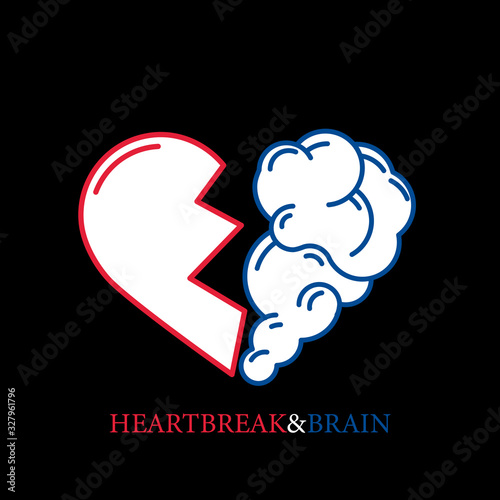 Heartbreak vector. Broken Heart and Brain flat modern icon logo vector design. Interaction between soul and intelligence, emotions, loneliness, divorce, broken relationship, rational thinking