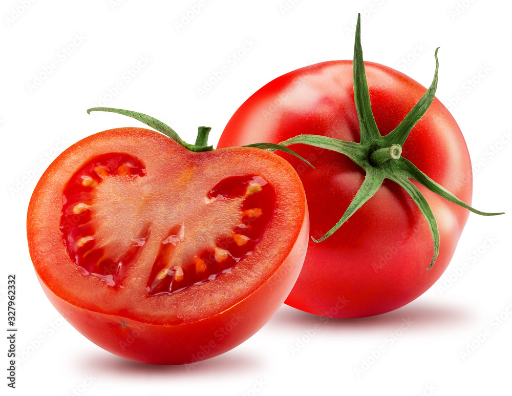 tomato with half of tomato isolated on a white background - obrazy, fototapety, plakaty 