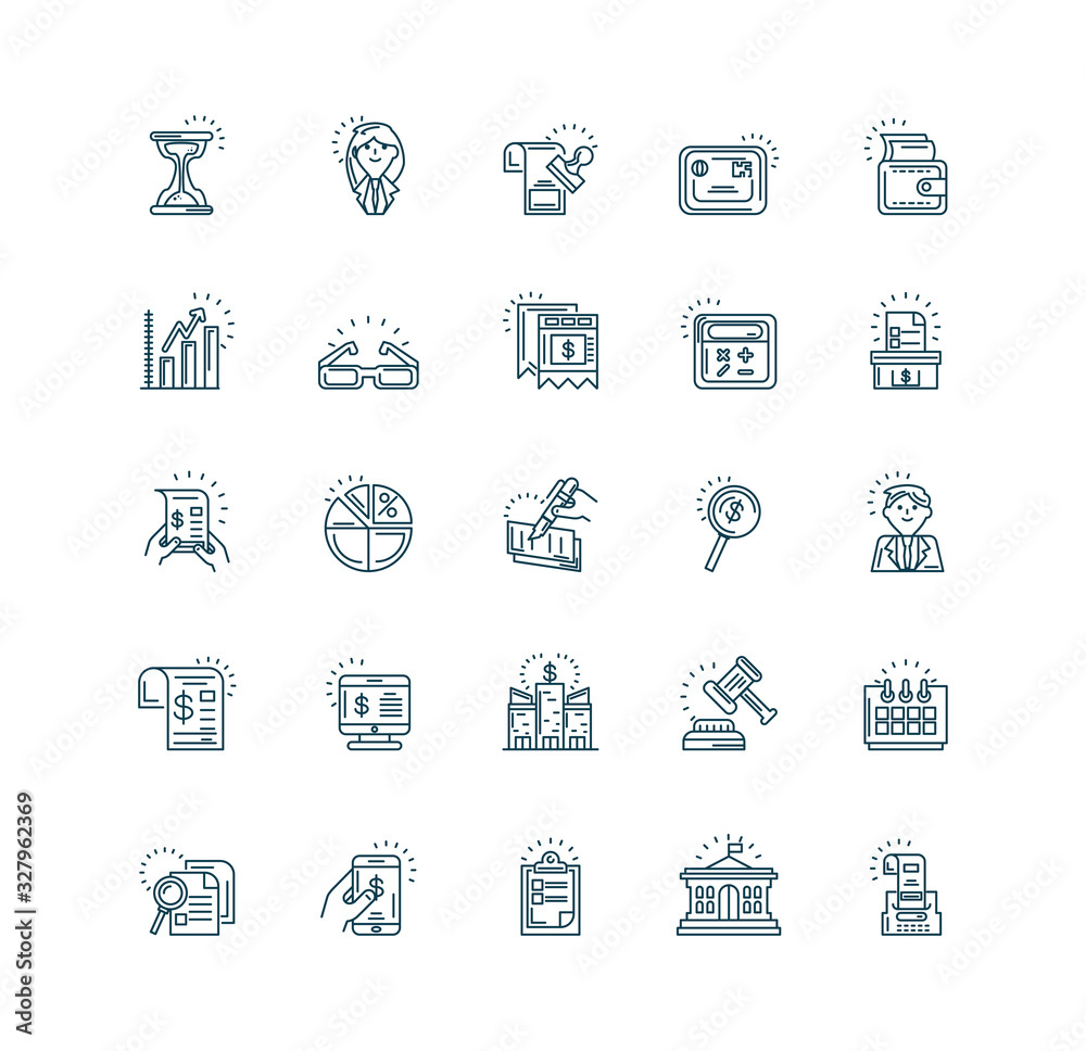 hourglass and Tax day icons set, line design