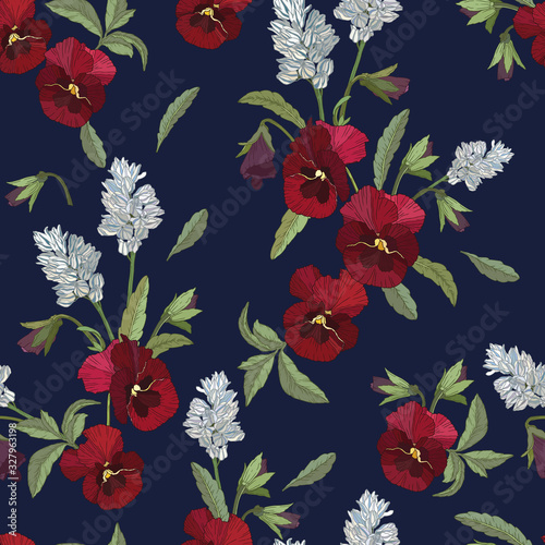 Vector floral seamless pattern with red pansies and white flowers