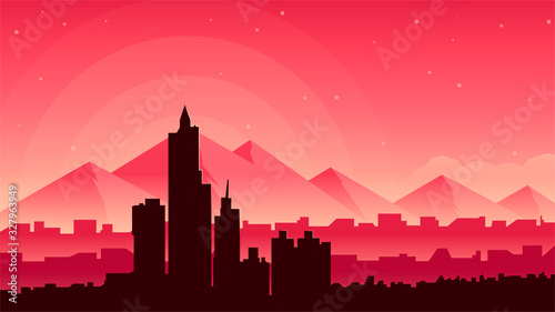 Landscape sunset in a beautiful city with mountains