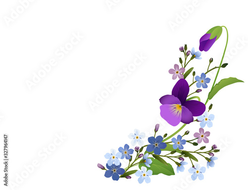 Ornament von Veilchen und Vergissmeinnicht Blumen,   Vektor Illustration isoliert auf weißem Hintergrund