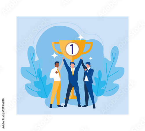 businessmen with gold trophy, successful business team