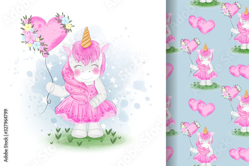 cute unicorns holding balloons illustration and seamless patterns