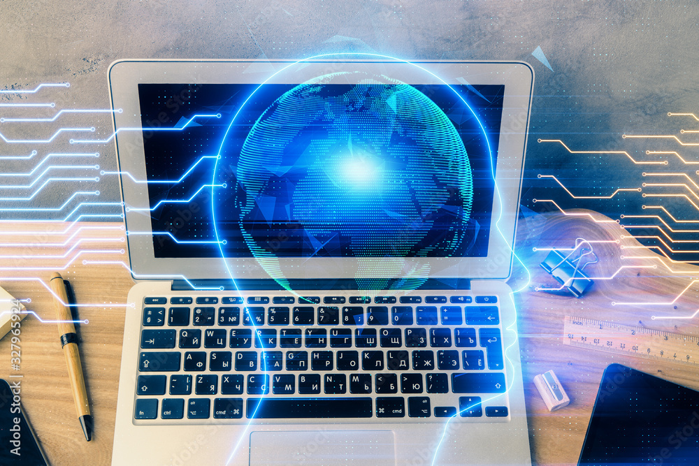 Multi exposure of work space with computer and human brain hologram. Brainstorm concept. Multi exposure of work space with computer and human brain hologram. Brainstorm concept.