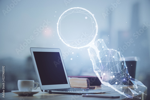 Desktop computer background in office and start up theme hologram drawing. Double exposure. Startup concept.