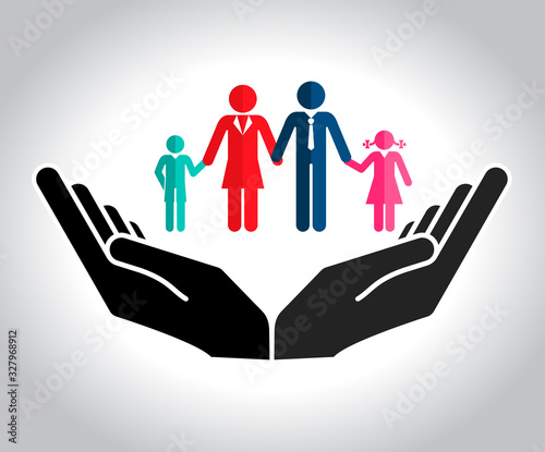 Family Hands holding a symbol. Health care, pension, safety, protect icon. Parents and children, vector