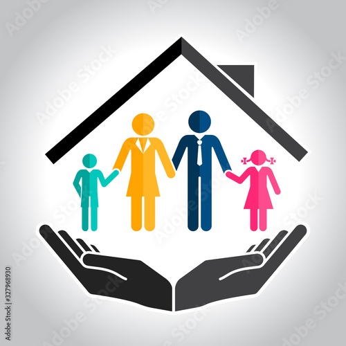 Family house Hands holding a symbol. Home safety protect icon. Mortgage, residential, vector