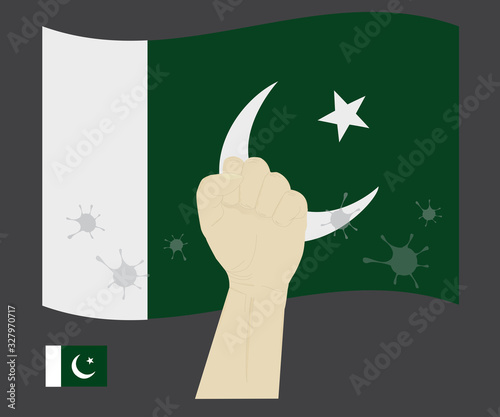 Fist power hand with novel coronavirus or covid-19 virus stained on the Pakistan National Flag, Fight for pakistani people concept, cartoon graphic, sign symbol background, vector illustration.