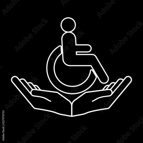 Disability patient in the wheelchair with helper hands. Handicapped person. Disabled Icon vector.