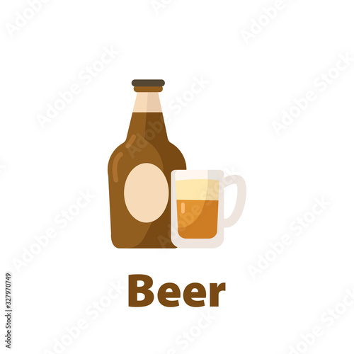 Bottle of beer with glass flat vector illustration