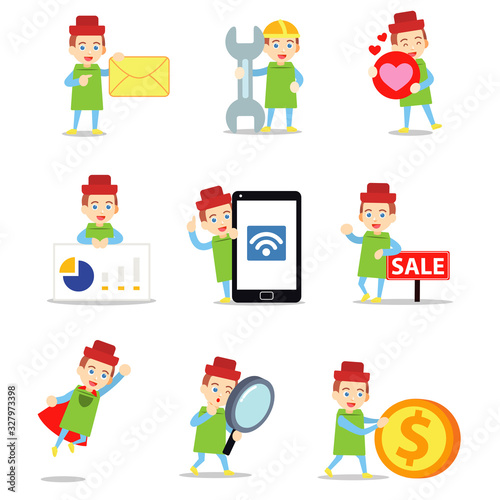Set character of man buy a stackable toy in colorful box.