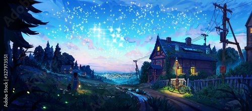 Artistic 3d illustration of a home in a village under bright stars