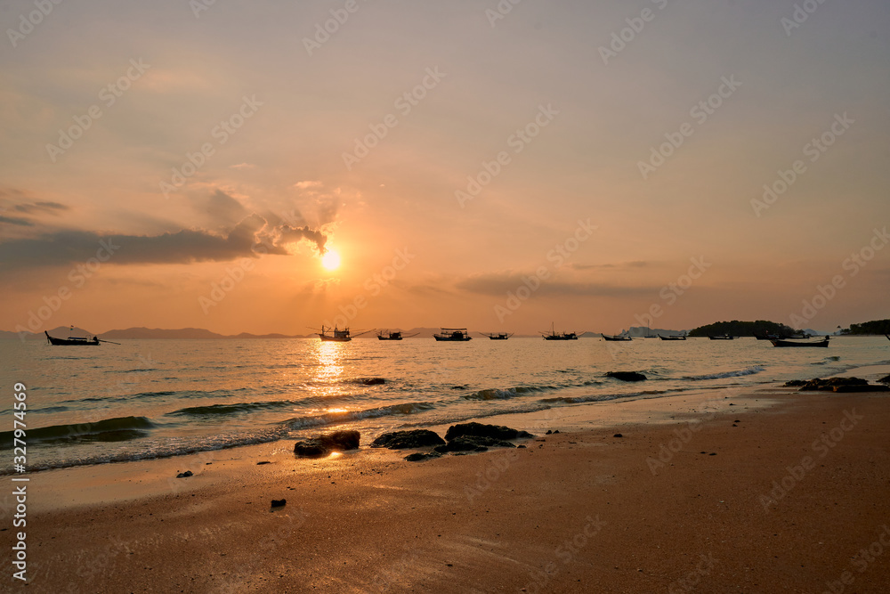 1 March 2020, a sunset view at Khlong Muang Beach in Krabi province of Thailand. 1 March 2020, a sunset view at Khlong Muang Beach in Krabi province of Thailand.