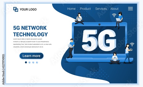 5G network technology concept. Internet systems telecommunication service. People using High speed wireless connection 5G via laptop and smartphone. Flat vector illustration