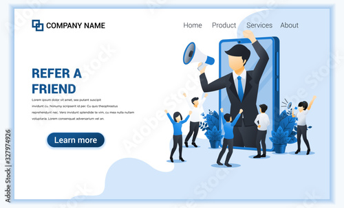 Refer a friend concept with businessman shout on megaphone for referral program. Can use for landing page, web banner, infographics, web template. Vector illustration