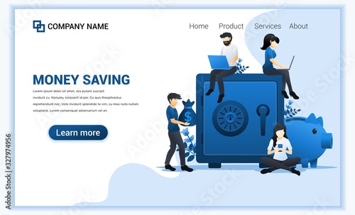 Modern flat web page design concept of Money saving with people work near giant safe bank. Flat landing page template. vector illustration