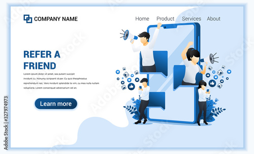 Refer a friend concept with a man and woman come out from smartphone and shout on megaphone for referral program. Can use for landing page, web banner, web template. Vector illustration