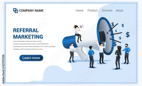 Referral marketing concept with group of people shout on big megaphone for referral marketing program. Can use for landing page, web banner, web template. Vector illustration