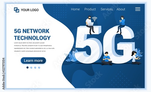 5G network technology concept. Internet systems telecommunication service. Characters using High speed wireless connection 5G. Flat vector illustration