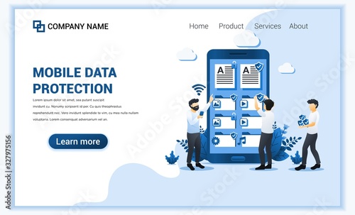 Data Protection concept with people protecting data on giant phone. Can use for web banner, landing page, infographics, web design template. Flat vector illustration