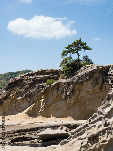 Sandstone rock formations at Tatsukushi coast - a natural scenic landmark near Tosashimizu, Kochi prefecture, Japan photo