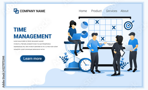 Modern flat web page design concept of time management with People filling out the schedule on screen. Flat landing page template. vector illustration