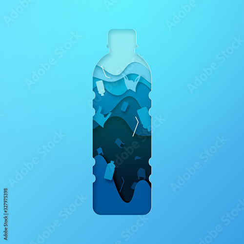 Plastic bottle and ocean pollution sign paper art style.Ecology and ocean environment concept.Vector illustration.