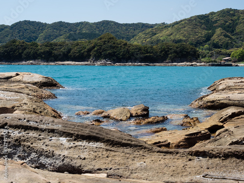 Sandstone rock formations and clear blue waters at Tatsukushi coast - a natural scenic landmark near Tosashimizu, Kochi prefecture, Japan © amenohi