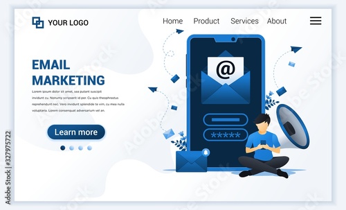 Landing page template of Email marketing services with a man sitting near giant smartphone. Modern flat web page design concept for website and mobile website. Vector illustration