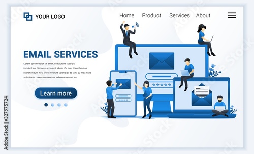 Landing page template of Email marketing, mailing services with people work on devices. Modern flat web page design concept for website and mobile website. Vector illustration