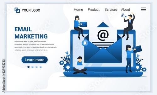 Landing page template of Email marketing, mailing services with people work on laptop. Modern flat web page design concept for website and mobile website. Vector illustration